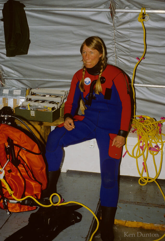 Susan Schonberg prior to an ice dive in winter 1979